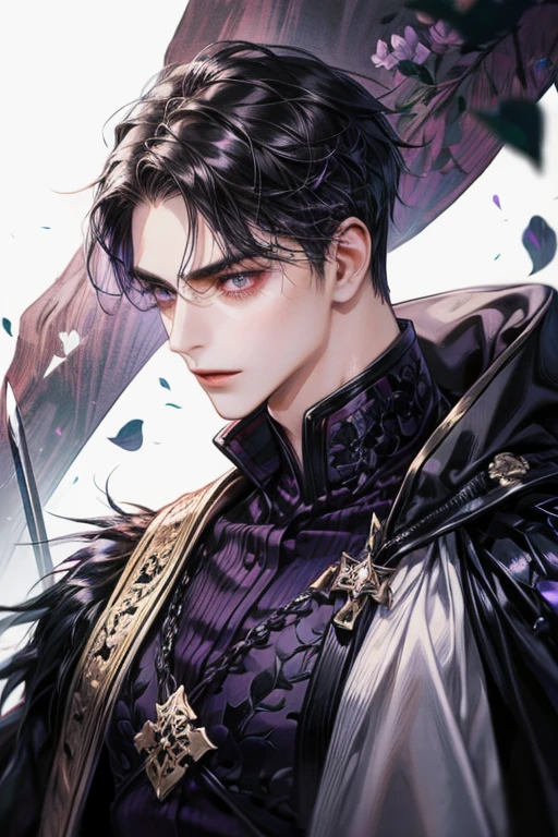 1 man with black hair and purple eyes, with a sword