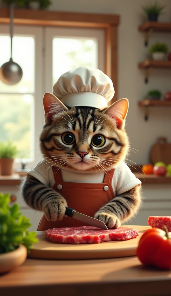 cute fat tobby cat wear clothes, cutting meat beef using knife, Use maximum realistic, As in the photo. In the background, draw a clear kitchen without blurring. ultra realistic, 3d render