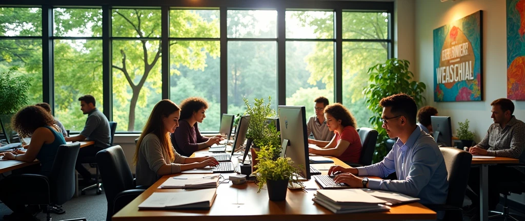 Office work, good atmosphere, trees, piles of documents, computers, painting style