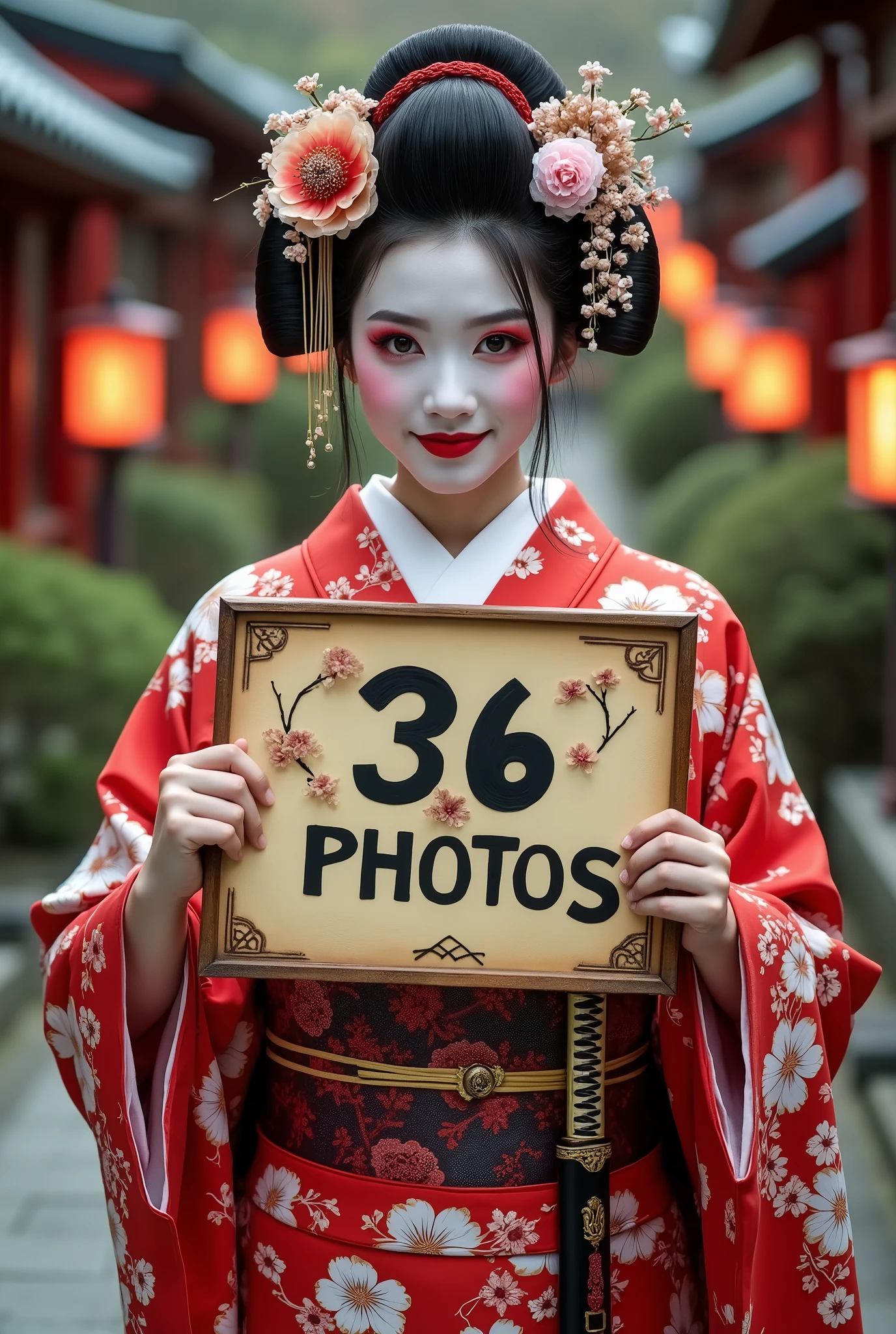 a geisha warrior,Grinning, holding a written sign: 36 Photos
