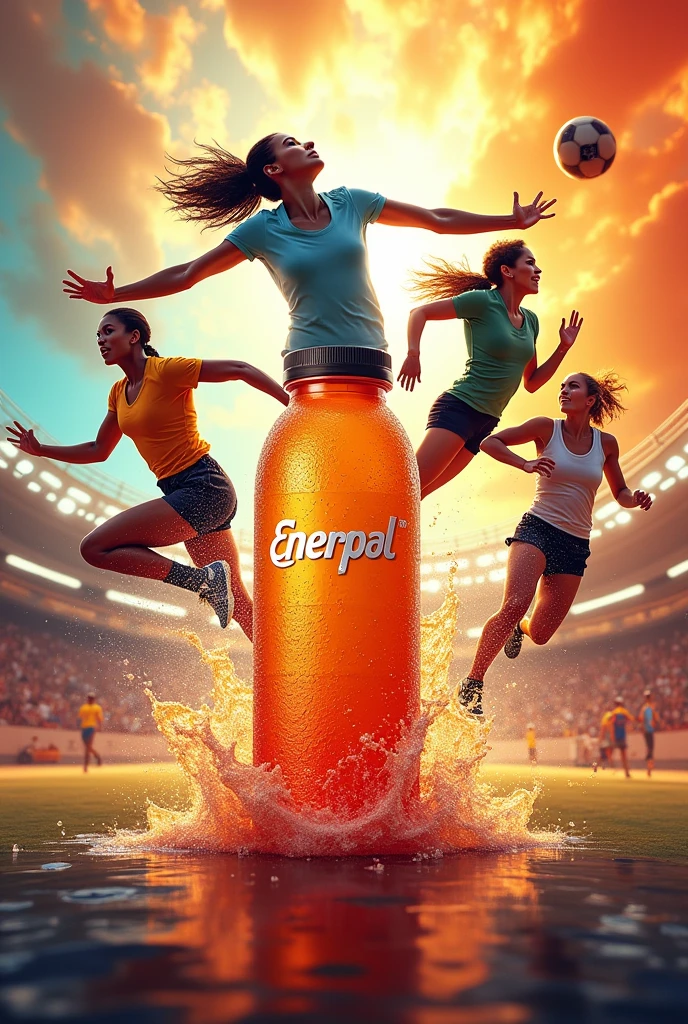 An energy drink from Enerpal on a vibrant background, with diverse people in empowering situations: an athlete in action, A professional working in her office, and a group of friends enjoying together.