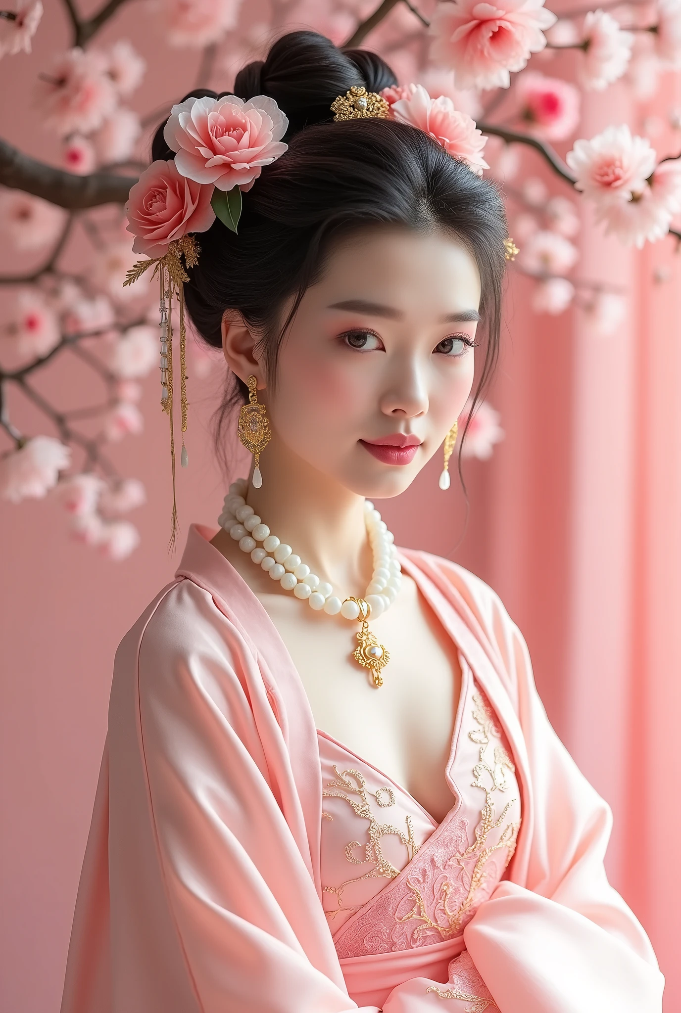 A beautiful Chinese woman, wearing a light pink embroidered Hanfu with floral patterns on the chest and shoulders, delicate makeup, and her black hair in an updo style decorated with flowers. She wears gold jewelry earrings and a necklace made from white jade beads. The background is pink, with peach blossoms, in the style of a Chinese painting, captured in high definition photography.