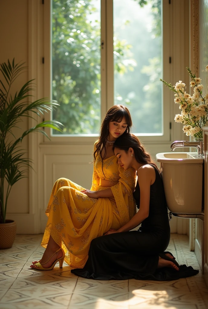 "A girl wearing a beautiful yellow and black salwar kameez with beautiful yellow high heels sits gracefully on a beautiful commode seat in a stunning bathroom. While a twenty year old girl in a black dress sits on the floor, And he rests his head on the lap of the first girl.