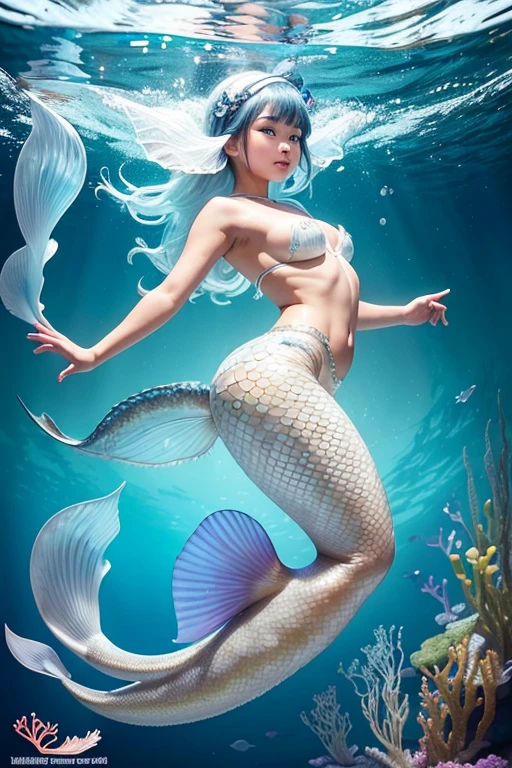 A sexy 13-yr Asian girl is illuminating(( wearing a fish head band))(( wearing transparent illuminating mermaids costume sexy full body detail anatomy figure)), wearing transparent one piece scally detailed on skin, wearing scally fish like skin texture body, lifting up plump pussy , wavy blue short braided hairstyles from the flow water, ((having fish tails instead of toes))( fish fins ears))(scally fish arms, torso, bottom, face, neck, shoulder & legs))((showing face near camera)) (accurate details of hands & fingers)) hard big errect nipples, open legs splitting position,exposed pussy line, exposed illuminating panties, exposed pussyline, smiling with teeth exposed. Sparkling gray eyes, charms, face details & fucos skin texture colored white, swimming under the ocean showing corals, urchins, fish, turtle, whale, bubbles of air for accurate background masterpiece ((with illuminating full white crystalline gemstone illuminating fish like scales skin textured all over her body)) ((with gills)) swimming with ocean current waves under the sea,( many different perspective view character profile , front view, side view, rear view, of same face & clothing girls posing deferent angle))(( perfect details of mermaid body and tail fin anantomy))
