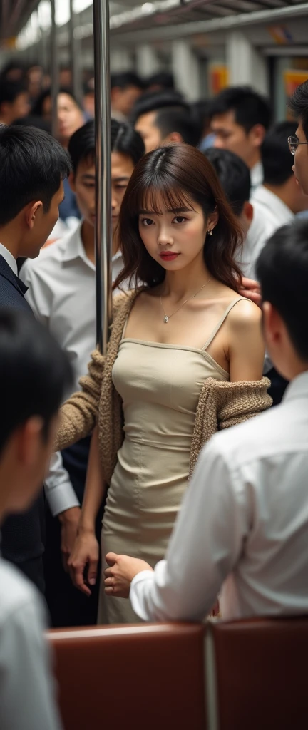 (32K:1.9, Highest quality, masterpiece, Ultra-high resolution, Professional low-angle camerawork:1.5, Very detailedな肌と顔の質感:1.4), Always accurate, Very detailed, (((crowded train:2.0, Several men touched parts of her body.:2.5))), ((A short Japanese woman of 25 years old, Big breasts on the verge of collapse:1.2, Camisole dress and cardigan:1.5, Incredibly slim body:1.3, areola is not visible)), Bag, belt, Fair skin, elegant, sense of cleanliness, Thin eyebrows, (Big eyes that exude beautiful eroticism:0.4, Embarrassed smile:1.0, I despise you from the bottom of my heart:0.8, Open your mouth a little, lipstick, Feel the beautiful eroticism:0.9, Dark brown medium hair), Earrings, necklace, bracelet, romantic, mysterious, Object of admiration, original, dramatic, artistic, Innovative, charm, Heartful, Fancy, Tilt, sense of loss, special, ((exciting, Extreme, sense of openness, suffering, sufferingの表現)), (((Mistakes made due to youth, 女性的なcharm)))