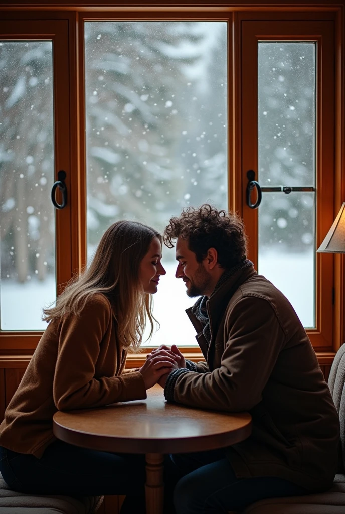 A couple sitting at a round wooden table looking outside large windows, it is snowing heavily outside