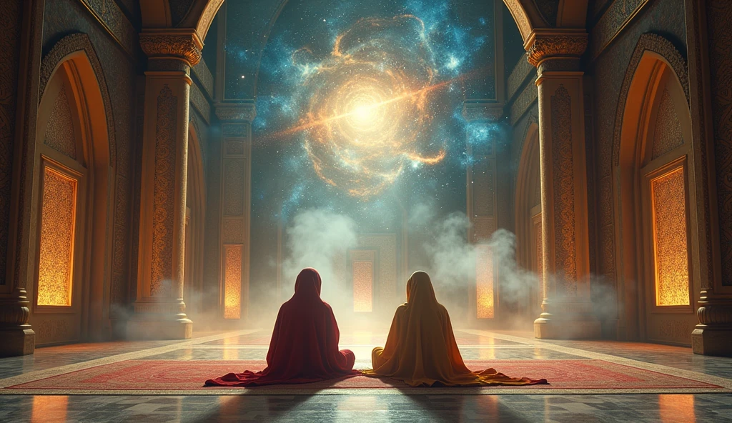 give me 2 arab sitting meditating in astral temple