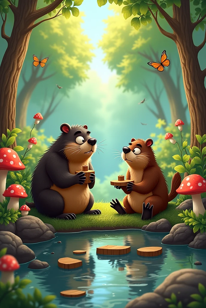 A pair of beavers in the forest watch with regret as their wooden house was destroyed by a storm that swept it away, in a cartoon style