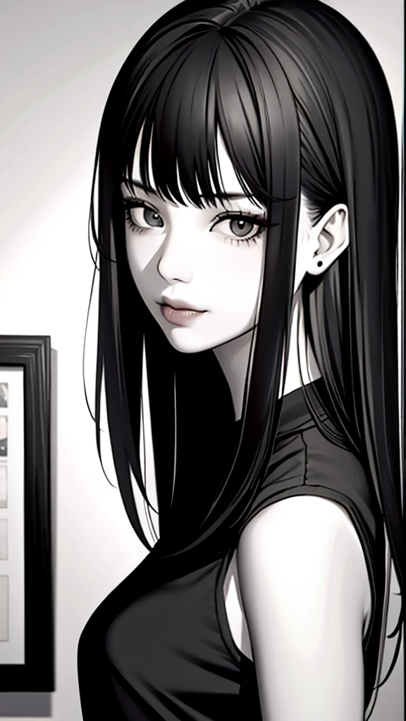 1girl, solo, monochrome, greyscale, short black hair, portrait, T-shirt, closed mouth, looking at viewer, sketch, graphite \(medium\), small lips, hatching \(texture\), without makeup, bangs, upper body, (best illustration), (best quality), (very detailed), (masterpiece),