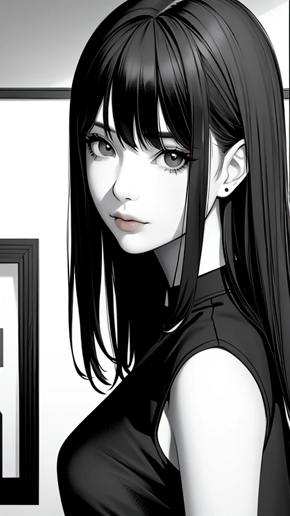 1girl, solo, monochrome, greyscale, short black hair, portrait, T-shirt, closed mouth, looking at viewer, sketch, graphite \(medium\), small lips, hatching \(texture\), without makeup, bangs, upper body, (best illustration), (best quality), (very detailed), (masterpiece),