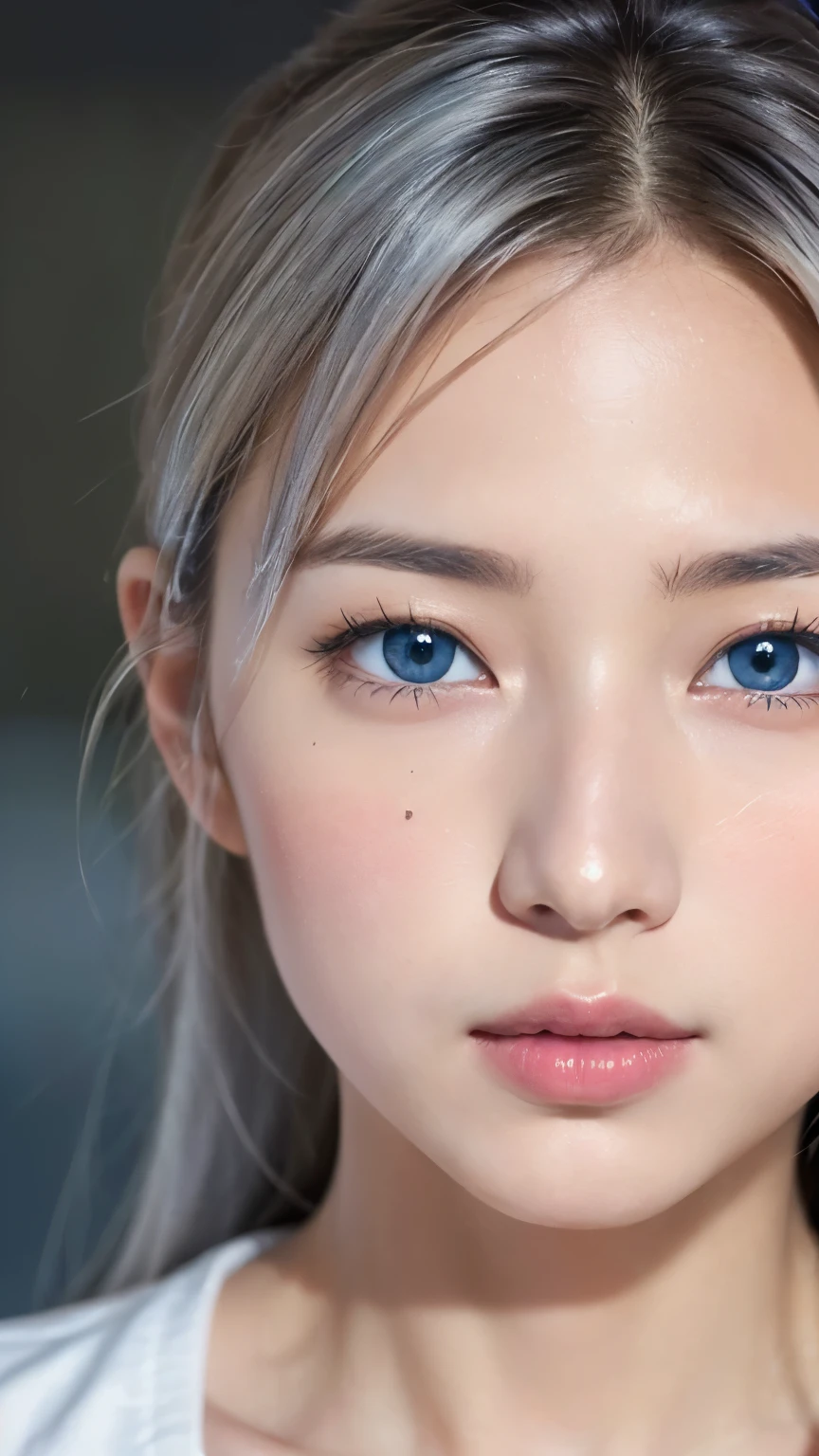 ((8k、sharp、masterpiece、highest quality、Realistic like a photo、perfect face、small face、very beautiful face、very cute、Fair skin and cute、Fair skin、gray hair、Blue eyes、))、 19 years old、ponytail、shiny skin, moist skin、Fair skin、Japan's Top Idol、cool girl、cute face、perfect face、japanese idol、top idol、19 years old:1.3、((Flowing gray hair:1.4、美しいBlue eyes:1.3、double eyelid、beautiful breasts、thin legs、Beautiful shaped buttocks、girl with perfect style、abs、gray hair、very well-groomed face、cute face、))、beautiful breasts、professional lighting、portrait shot、smile at the viewer、blush、(White workout wear:1.3、)、((1 girl in training))、cleavage、((She is on all fours sticking her ass out to the viewer..'))、'Gym、cool girl