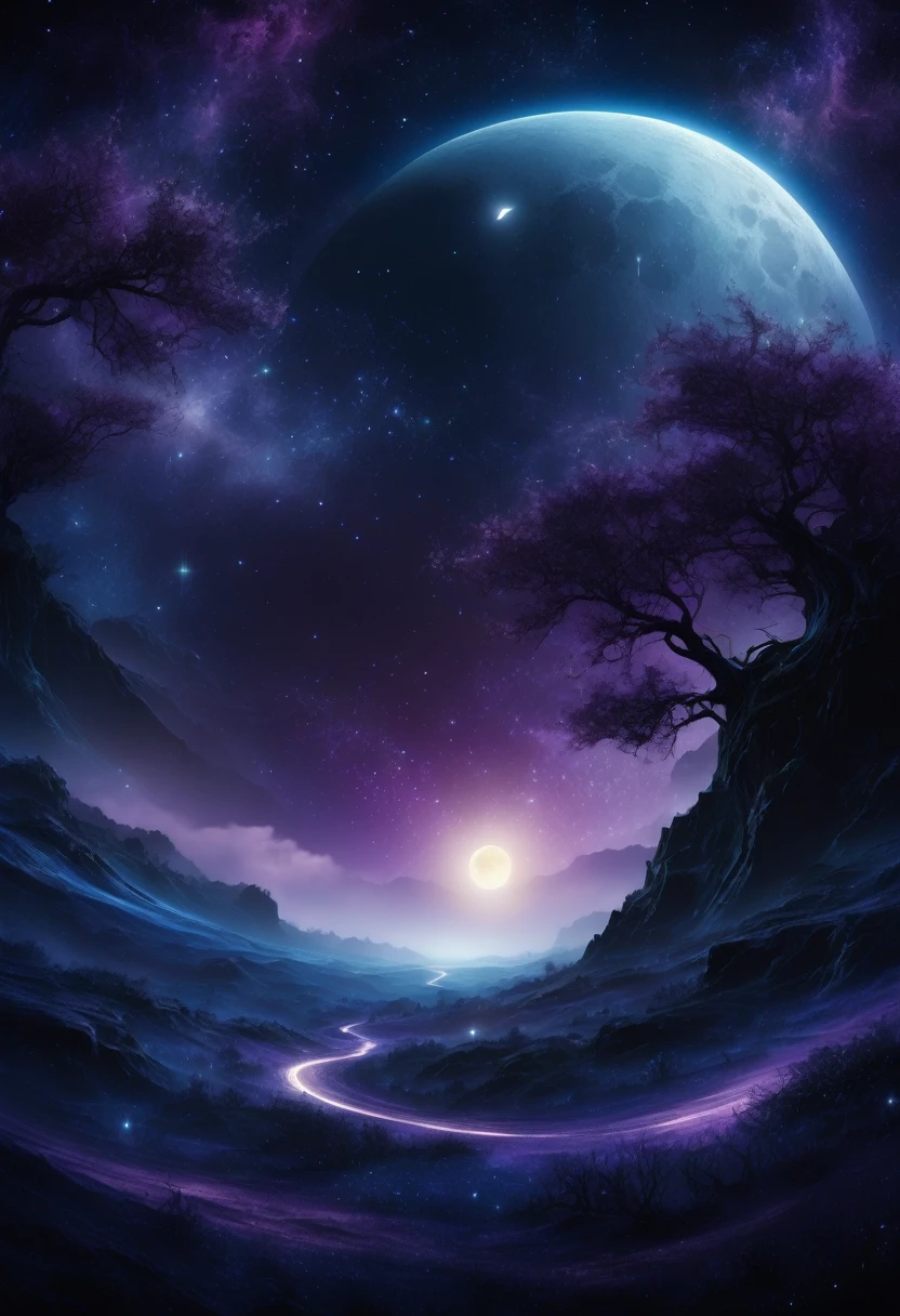 The moon is surrounded by many, many glowing stars. The starry sky is twinkling and light trails are even brighter. Surreal scene. Beautiful stunning composition. Subtle shadows and highlights. Deep blue and purple tones. More color variations. Mysterious and vibrant. Tonal Action Painting Highly Detailed High Definition Cinematic Close Up Magical Fantasy Gorgeous Digital Art