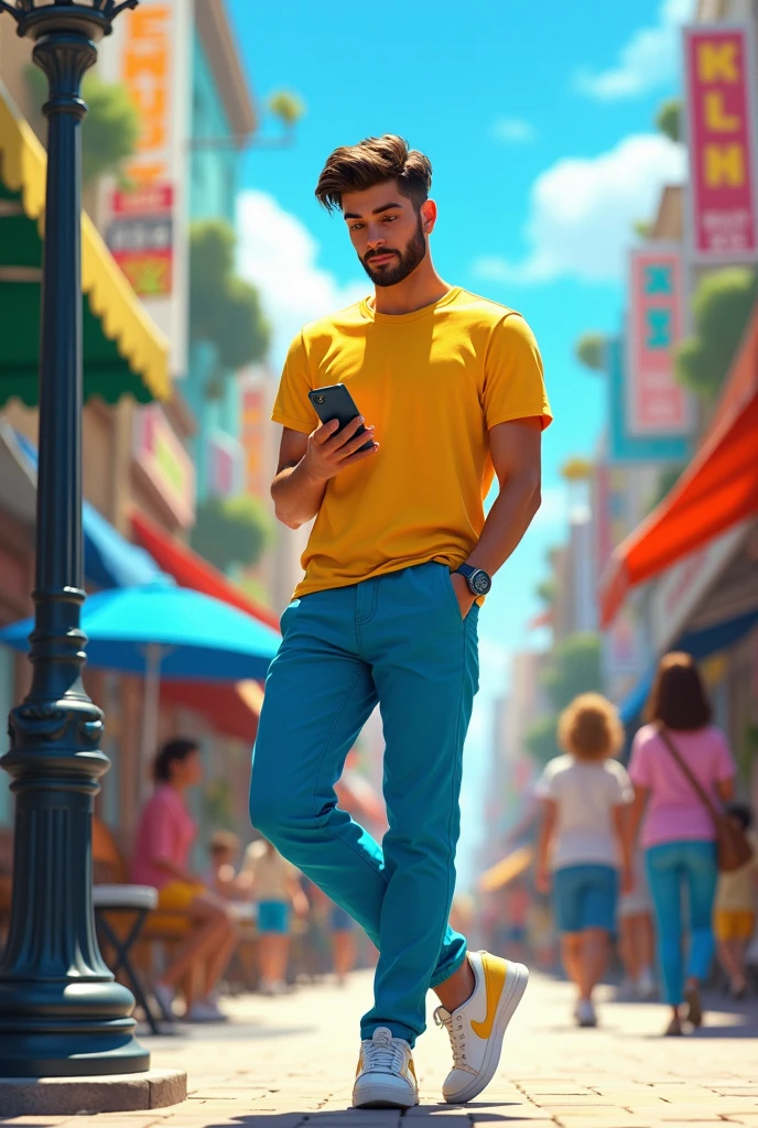 Create a guy with yellow shirt and blue pants