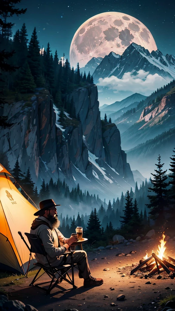 A place with mountains and forests in the background, the full moon appearing and a lit camping tent and a bearded man with black skin sitting on a wooden chair., having a coffee by a campfire