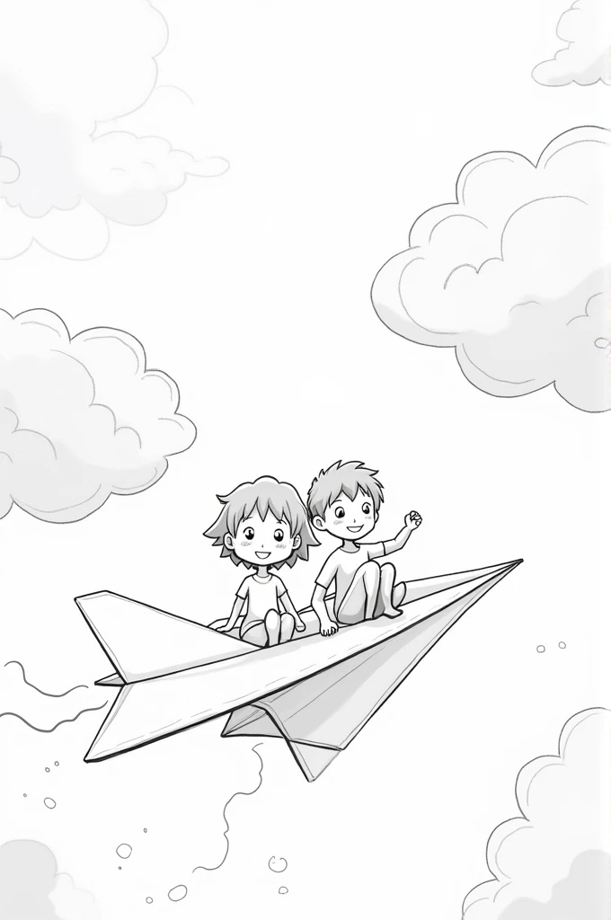 Black and white animated image to color of a paper airplane with a boy and a girl on it pretending to fly 