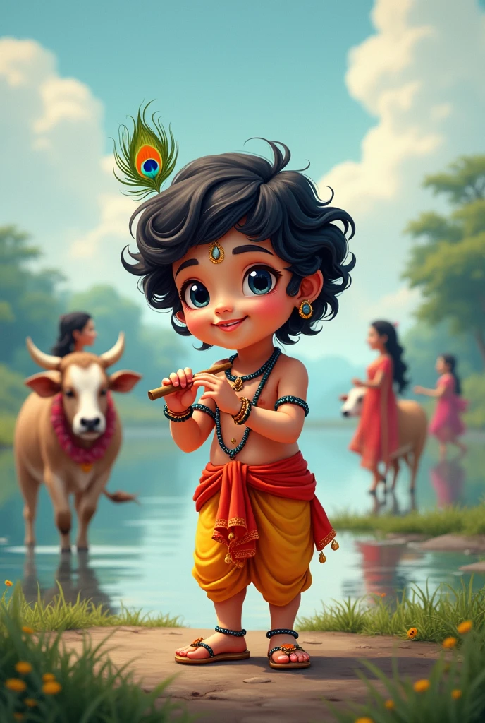 Anime face,Portrait Photography,Little Krishna,flute in hand, yamuna river bank background,cows,gopikas behind,namam in forehead, peacock feather in head, mother yasoda behind,cloudy weather