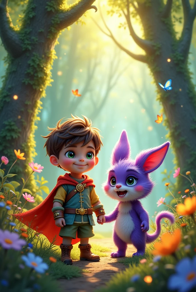 The little hero and his cute purple-haired monster friend
