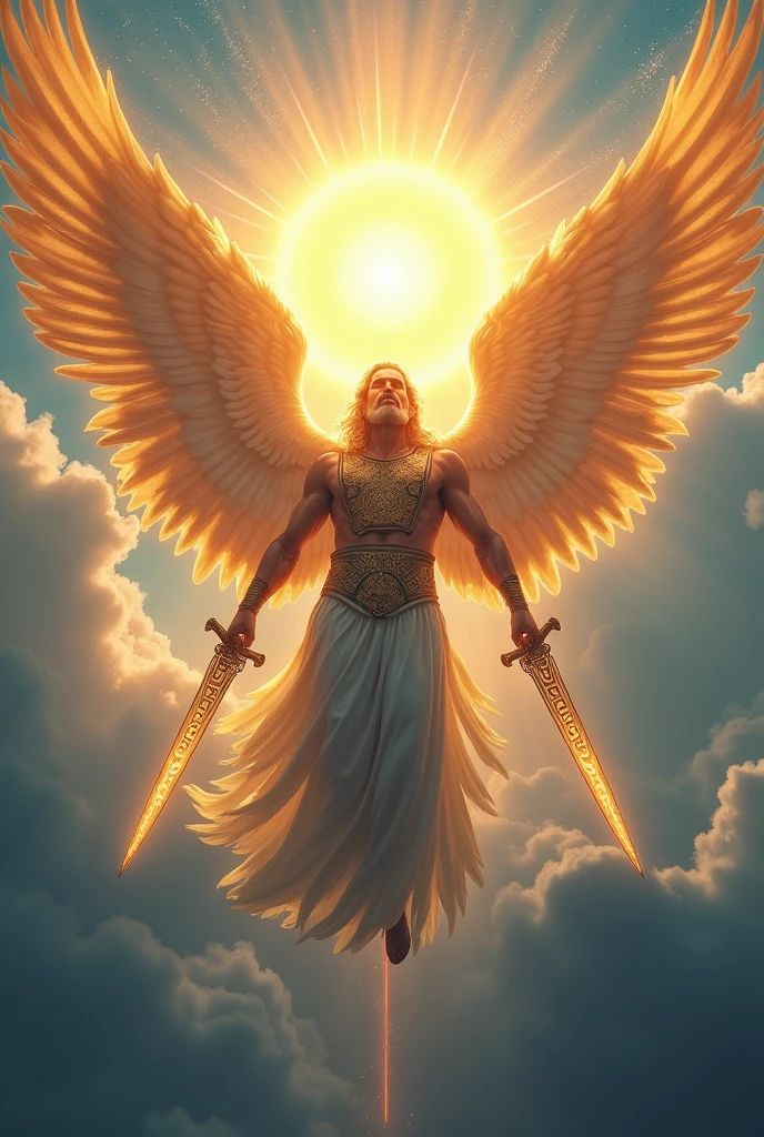 god of war angel shining sun head that falls from the sky carrying 2 swords
