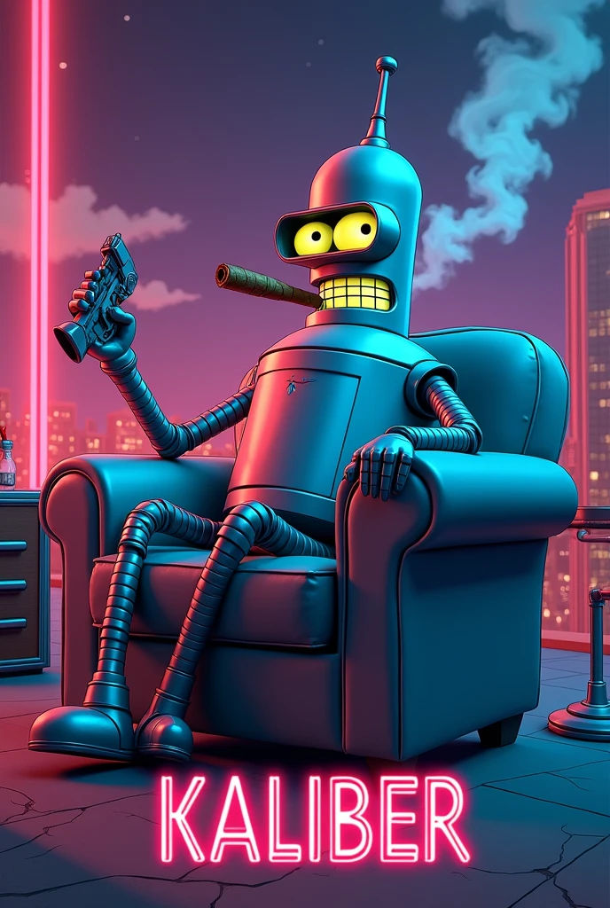 Bender from futurama cartoon smoking a cigar with a pistol sitting in a chair with the word “Kaliber” at the bottom