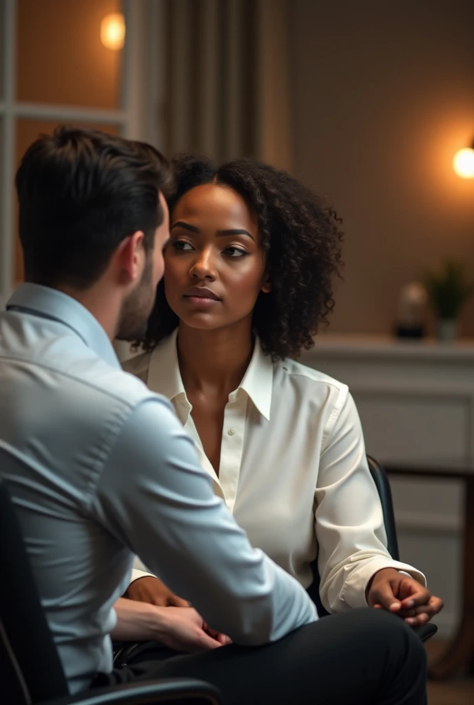 Belle jeune noire habillée en chemise dans bureau lumière feutrée en face d’elle homme blanc assis bien habillé en pantalon noir chemise