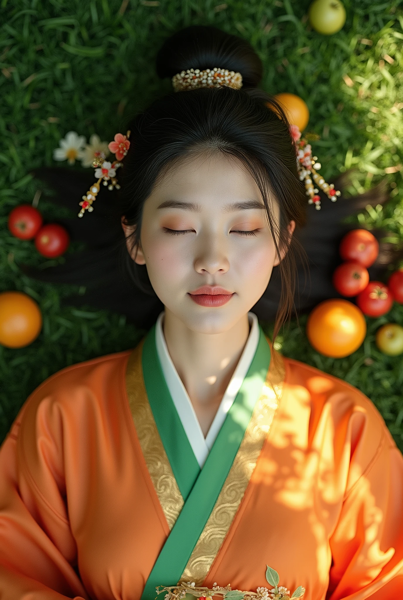 An Asian beauty wearing Hanfu is lying on the grass, with an orange and green dress and hair ornaments in ultra high definition. There were fruits next to her head, she closed one eye and looked down at them. Her whole body was depicted using photo realistic techniques, with a background of light emerald colors and an overhead perspective