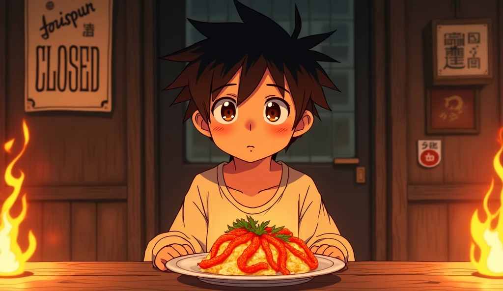 Taro is disappointed when he sees a sign in front of a restaurant saying it's closed.。In the next scene、A scene where he eats super spicy curry with tears in his eyes。The curry plate has a flame effect that expresses the spiciness.。