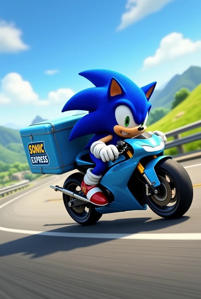 Sonic riding a motorcycle with a large light blue delivery backpack that says "Sonic Express"