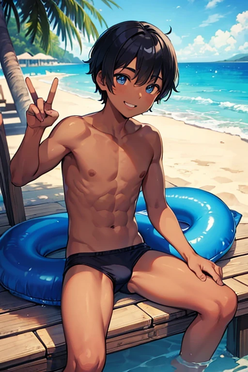 ((((masterpiece)))), high quality, perfect face,(best quality), expressive eyes, shirtless, cute 12yo boy, ((smile)), (blue swimming brief), (dark skin), peace fingers, sit, black hairShort hair, beach