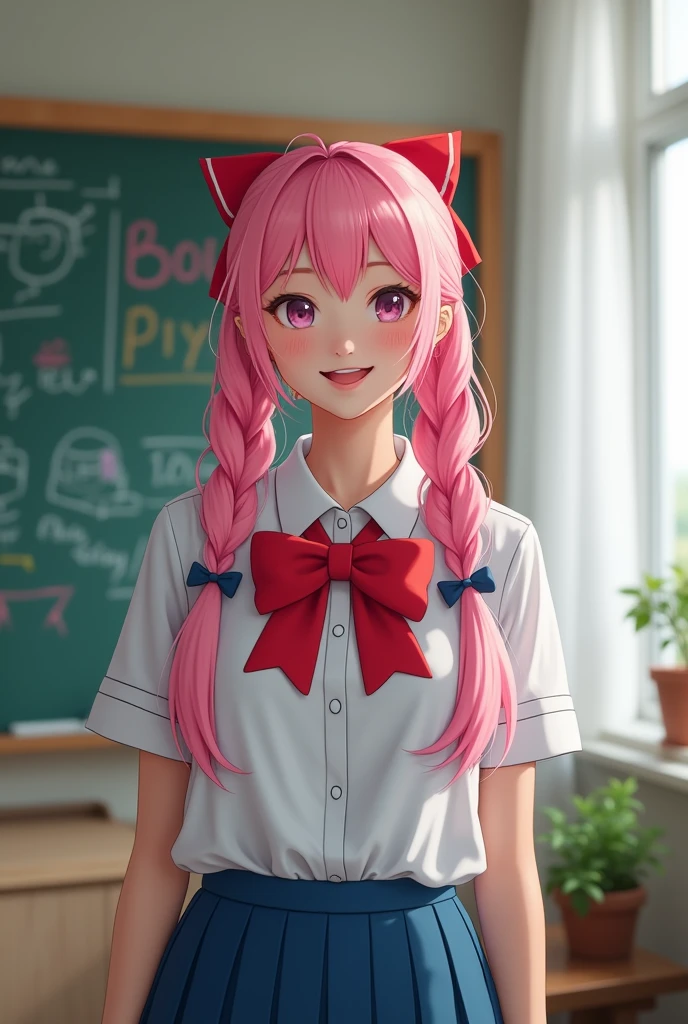 1adult_woman, solo, pink_hair, dress, casual_uniform, smile, bow, long_hair, twintails, shirt, looking_at_viewer, pleated_skirt, arms_behind_back, pink_eyes, red_bow, white_shirt, chalkboard, standing, bowtie, blush, short_sleeves, red_bowtie, voice over stufio, blue_skirt, day, hair_between_eyes, cowboy_shot, hair_bow, indoors, photorealism