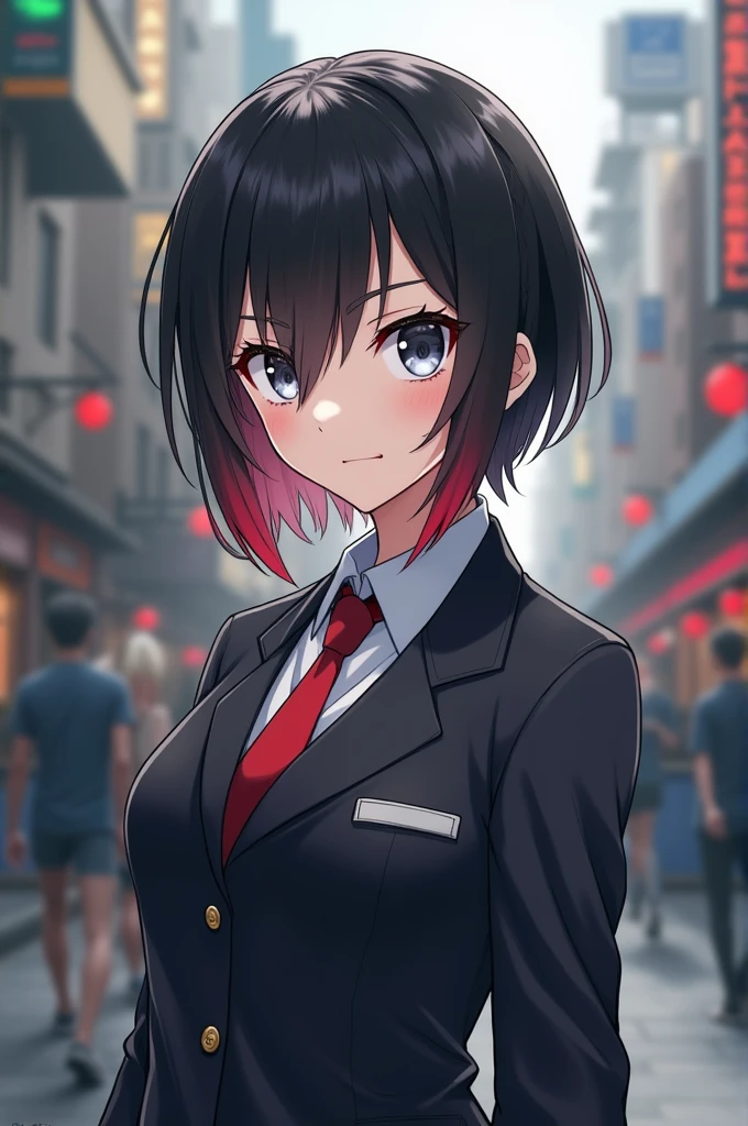 Girl with short black hair with red tips. White skin and grey and blue eyes,uniform attire