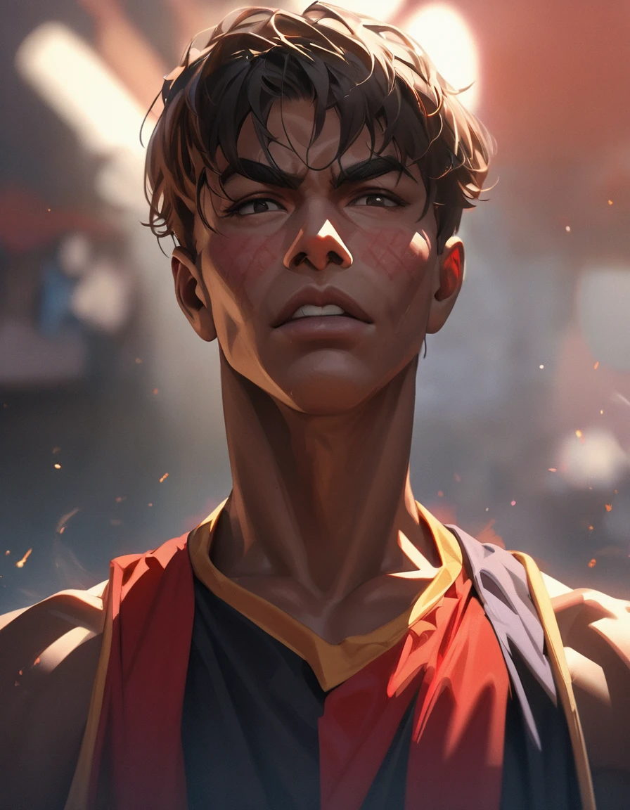 A highly detailed, High-resolution portrait captures the essence of a teenage basketball player with the inspiring aura of Michael Jordan. however, his face and skin showcase unique features, featuring distinct features and a slightly taller stature, more defined build. appearance Inspired by the iconic character megumin, The jujutsu master, but with an ordinary person's hair and Japanese features, This masterpiece depicts the player in the middle of the dunk, exuding a determined gaze and an unshakeable aura of confidence. the meticulously rendered background beautifully recreates the atmosphere of a professional basketball court, complete with packed stands filled with enthusiastic fans.