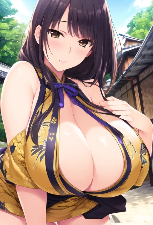 (8k, RAW photo, best quality, masterpiece:1.2),
1girl, smile, mature female,black hair,shiny hair, brown eyes, super long hair, (huge breasts:1.6), cleavage, bouncing breasts, motion blur, ((breasts motion blur,)) breasts out, ((japanese clothes, bare shoulders)),looking at viewer,Camel toe, leaning forward, 1boy, 1girl, (((vulgarity))), (cowgirl position), sit astride, (girl on top), (straddling), hetero, trembling, humid, (nipples), pov, (sex), penis, (largepenis),  vaginal penis,  (pussy juice),  (spoken heart), breast focus, 