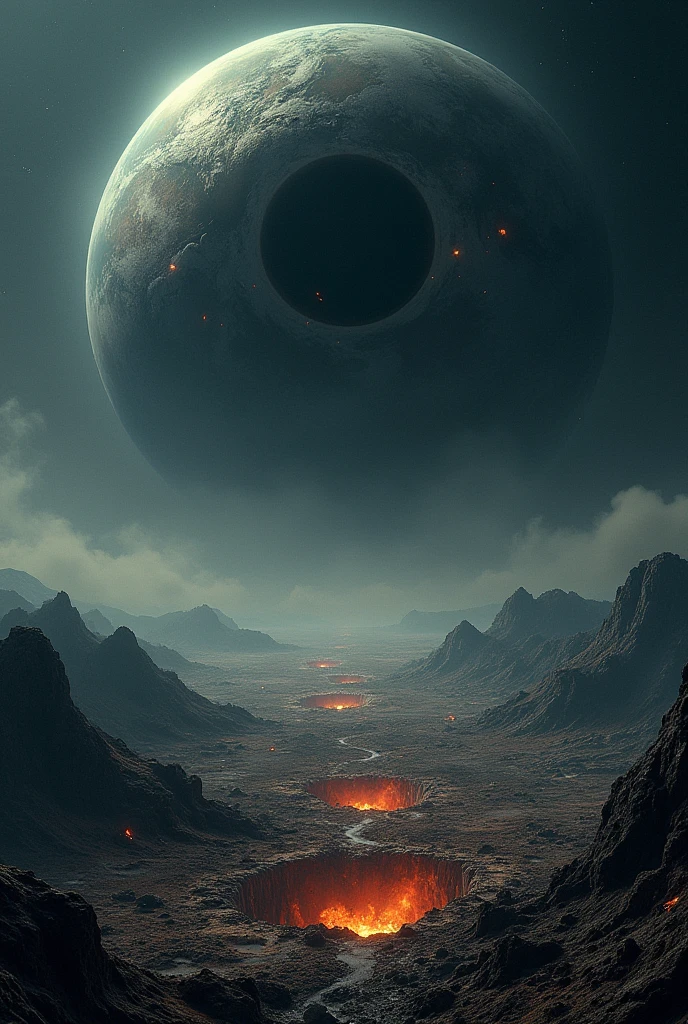 Make planet earth in the solar system with half of the planet destroyed apocalypse style while there is a black eye watching , This is full of dark darkness