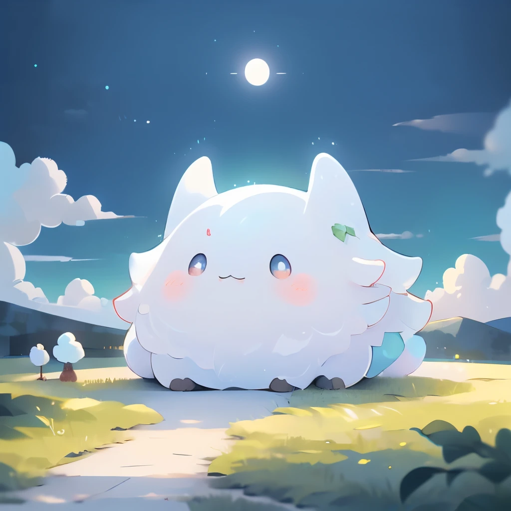 ((masterpiece)), ((Highest quality)), ((Realistic feel)), ((landscape:1.6)), ((A woolen path leading to the blue sky, Light color)), (Egg-sized angel, a small, fluffy Pokémon resembling a cotton ball, with a cloud-like body. It features large, bright eyes and white  leaf-like antennae. The overall color palette is soft with shades of white and Sky blue, , lower body is covered by fluffy white clouds, creating a whimsical, cute appearance. The background is a serene, nature-inspired setting, highlighting its playful and gentle personality), Pastel Color Spectrum,Tilt Up,  Immersion, The sky is high, The sky is wide, The background is fresh green, Cool green shades, The sun shines, Different dimension space, Fractal Art, Scheimpflug, High Contrast, Highest quality, Highest Resolution, Ultra-detailed, Super beautiful graphics