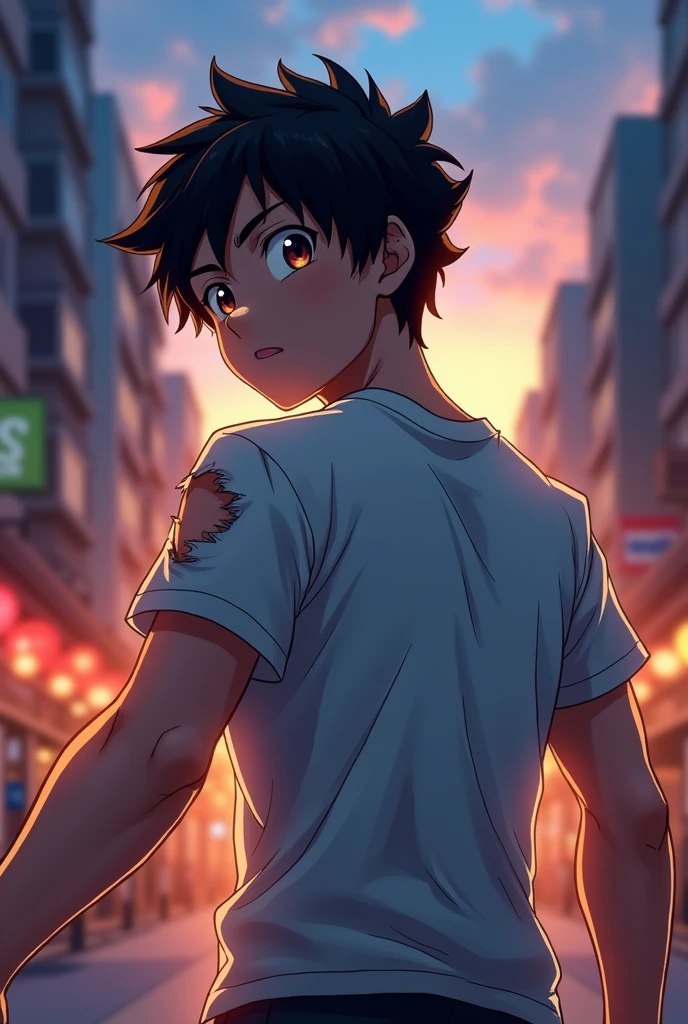 anime style drawing of a strong and powerful boy's face with his back and arms open with a realistic ripped t-shirt