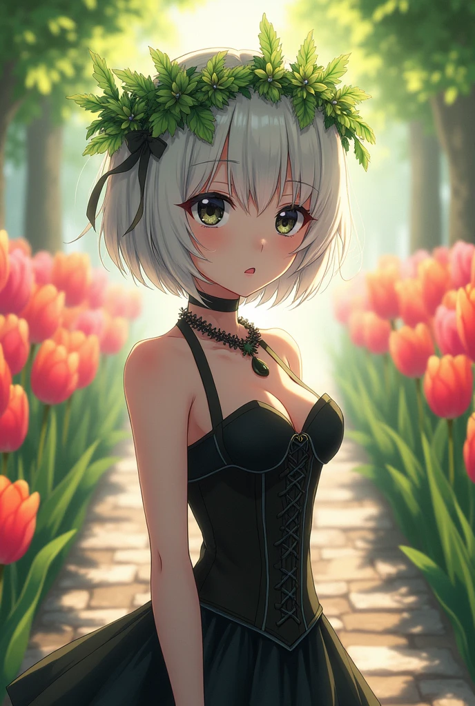 Anime girl with a serious but tender face and black eyes , white skin with short white hair , black clothes like black corset , with a crown of green leaves on her head and a white passage or with tulips.