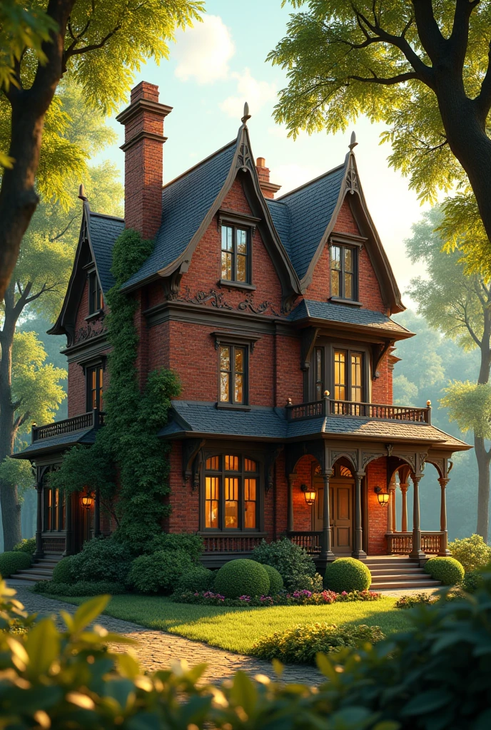a multi-storey brick house with chimney, (nature background:1.2), sunlight filtering through the trees, (soft lighting:1.3), (warm and green color scheme:1.3), (highly detailed), (ultra quality:1.3), (masterpiece), (digital art), 8K resolution, HDR, depth of field, (soft shadows), (photorealistic:1.3), (animation:1.2), (by Greg Rutkowski:0.9), (in the style of Alphonse Mucha), trending on ArtStation, award-winning art