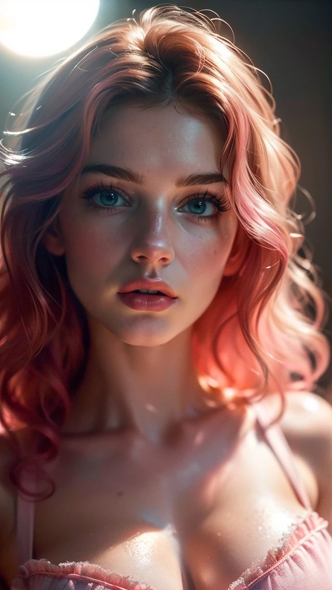 (((ultra realistic))) Photo, masterpiece, top quality, (pale skin), (Ultra detailed face and eyes:1.3), 1 girl, Adult, in a T-shirt, (Eye makeup, mascara) , ((large detailed lips)), ((pink wavy hair)), ((Chyolka)) , (Natural breasts), Slim waist. ((Posing)), photoshoot, studio (soft lighting), (The play of light and shadows), depth of field, bokeh, (special attention to skin detail: 1.2), Detailed leather texture, skin pores. (Airy atmosphere of the frame. Color range - delicate, Bright, white, Pink tones), UDR, ((Film grain)), ((rays)), ((glare of the sun)), ((waist up portrait, close to the camera)) , ultra detialed, 