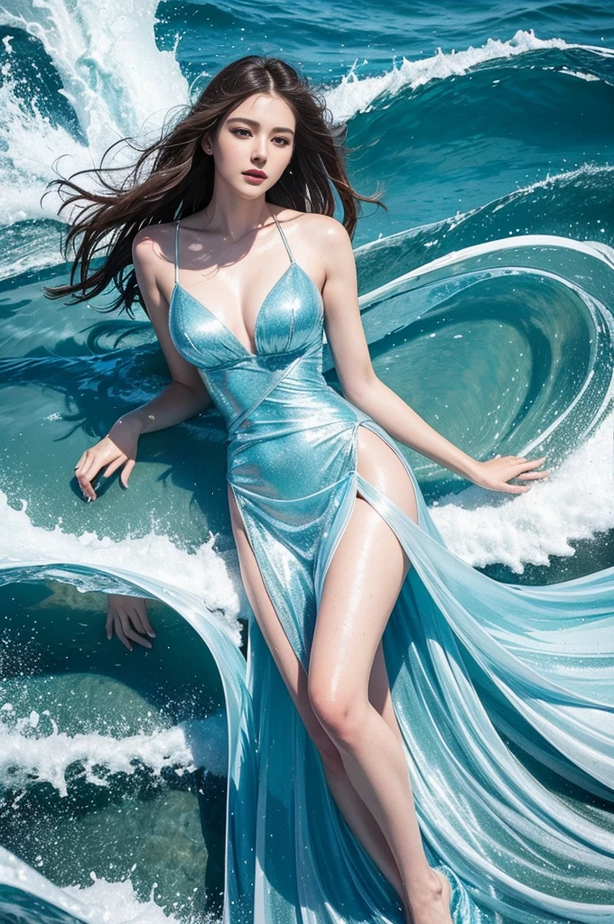 Bottom text, bold, White, luminescent, highlighted letters: High resolution "Ven", Realistic masterpiece of a young woman,Fascinating, fantastic environment, clothed in realism, A flowing dress made entirely from realism, Sparkling, transparent, sea blue water. The dress responds dynamically with waves, Ripple, contour, Reflection, and fluid motion reminiscent of actual ocean flowing water. Following the woman's movements, The waves and ocean on her dress crash into the photo-realistic photo, White, Beach shoreline with skirt bottom, imitate interaction