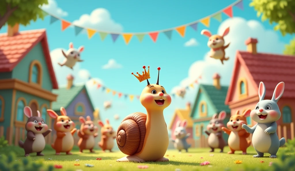 Midjourney Prompt**: "A jubilant scene of the village animals cheering, with the victorious snail Sammy in the center, celebrating his unexpected win over the fast rabbit Ricky."