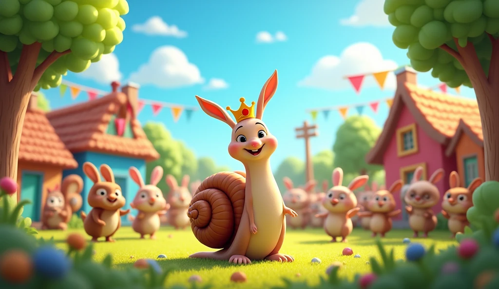 Midjourney Prompt**: "A jubilant scene of the village animals cheering, with the victorious snail Sammy in the center, celebrating his unexpected win over the fast rabbit Ricky."