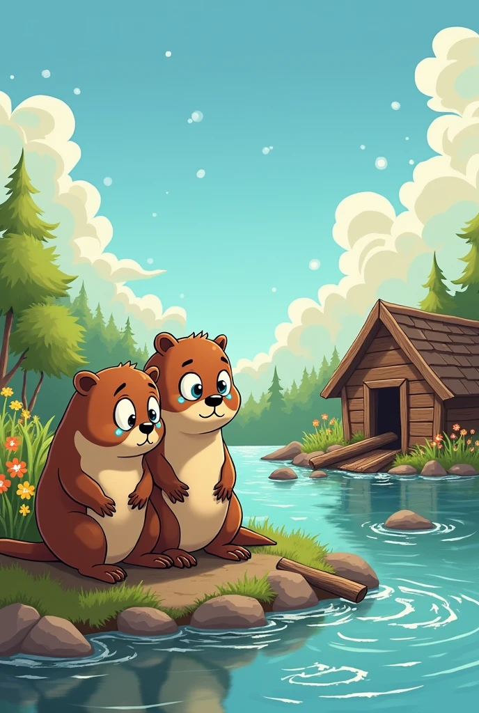 A pair of beavers watch sadly as their wooden house was destroyed, in a cartoon style
