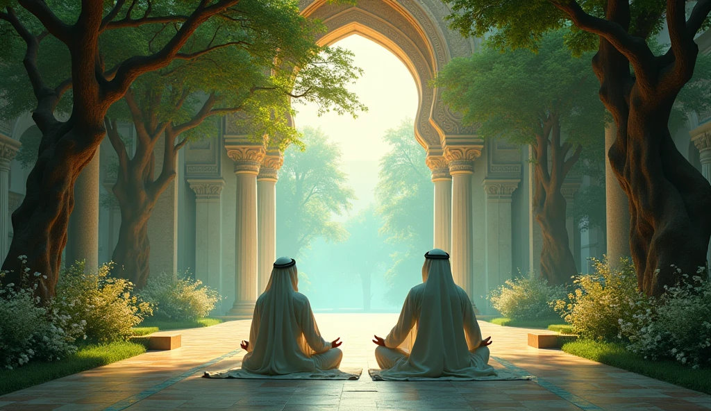 give me 2 Arabs sitting meditating in an astral temple with nature
