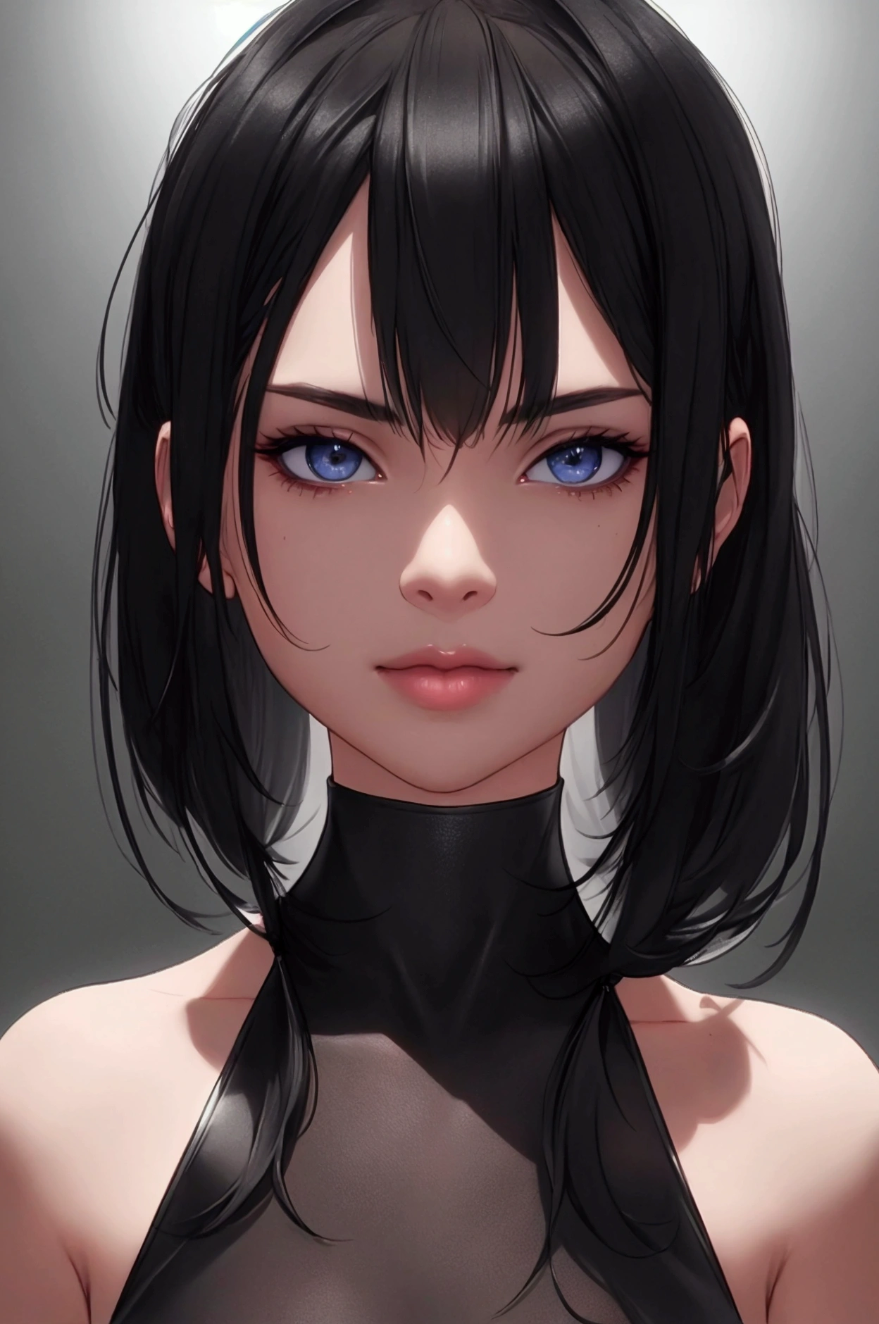 ((Portrait)), She has an Indifferent, Black-Haired Appearance, with a Slim, Graceful Build. She Expresses a Cold and Detached Look, Giving Off an Unapproachable and Mysterious Attitude. She has Pale Skin and Deep, Dark Eyes, Her Hair is Long, Straight, and Black. ((Portrait, HDR, Dark Background))