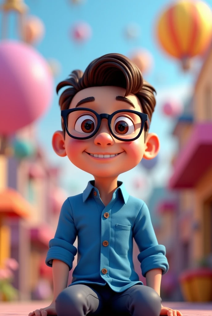 Cartoon character of a man in black glasses and blue shirt, an animated character, stylized character, animation style rendering, 3d stylized, Arnold Maya rendering, Stylized 3D rendering, toon render screenshot, 3d character, 3d character, Stylized 3D rendering, 3D character rendering, cartoon character, Personagem de close up, character posing, (Pixar-style) (master part:1.2) (bokeh) (best qualityer) (skin detailed) (detailed texture) (8k) (Argilla) (cinematic lighting) (sharp focus,Sit down and lift your upper body