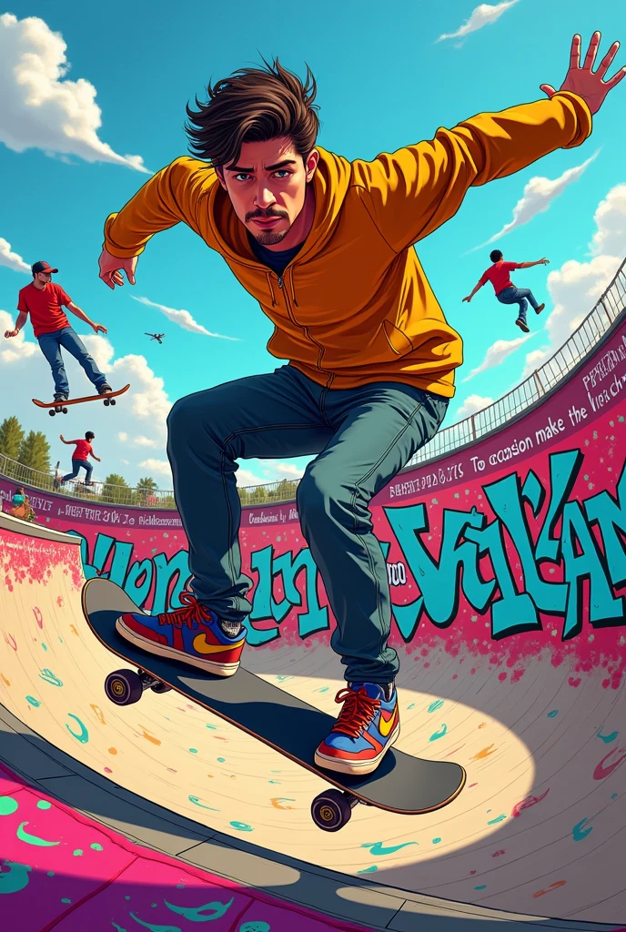 Imagine um skatepark vibrante, with skaters showing off daring tricks. Em primeiro plano, a skateboarder with an expression of confidence and determination, maybe a little boldness in the look. Ao fundo, a sign or graffiti that says "The occasion makes the villain", to capture the essence of the expression. The style can be cartoonish, with bright colors and exaggerated details, highlighting the emotion and attitude of the environment.
