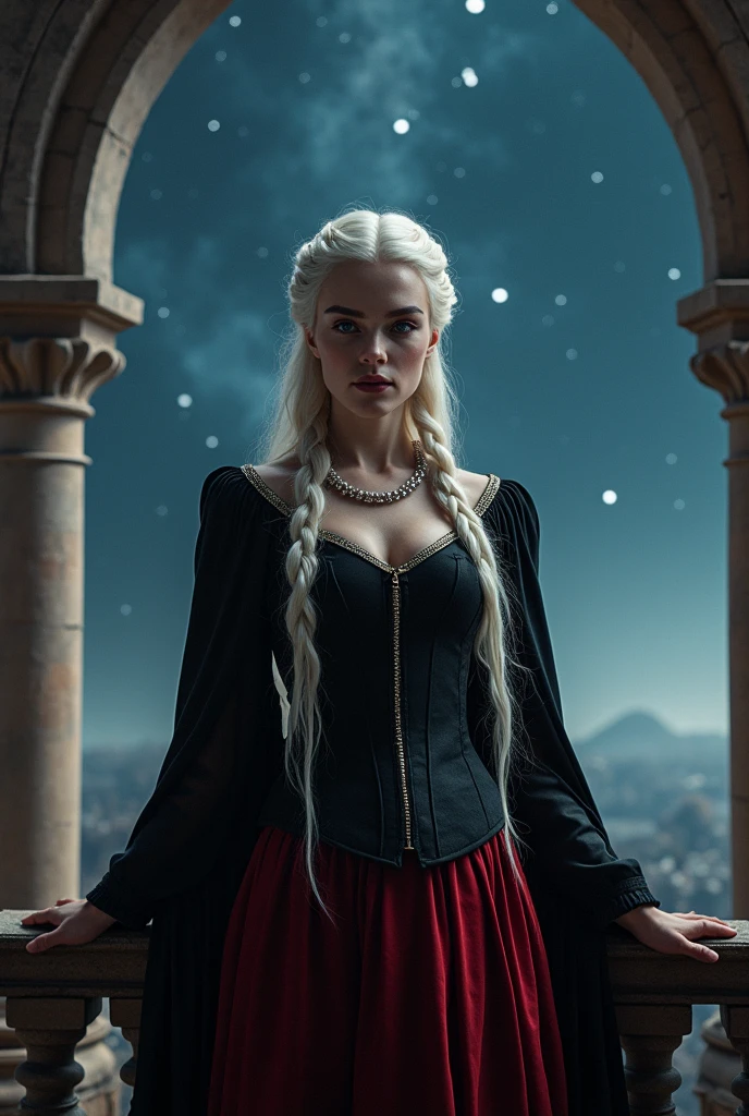 A beautiful woman of House Targaryen, pale skin, fine feature, sharp gaze, long hair, white haired, one braid, show forehead, pearl necklace, Westeros fashion style, tied top, corset, long sleeves, black and red clothes. Outdoors, on the balcony of the observatory, gothic architecture, starry night sky. ((Masterpiece, Best Quality, Highest Image Quality, High Resolution, Photorealism, RAW Photos, 8k)),
