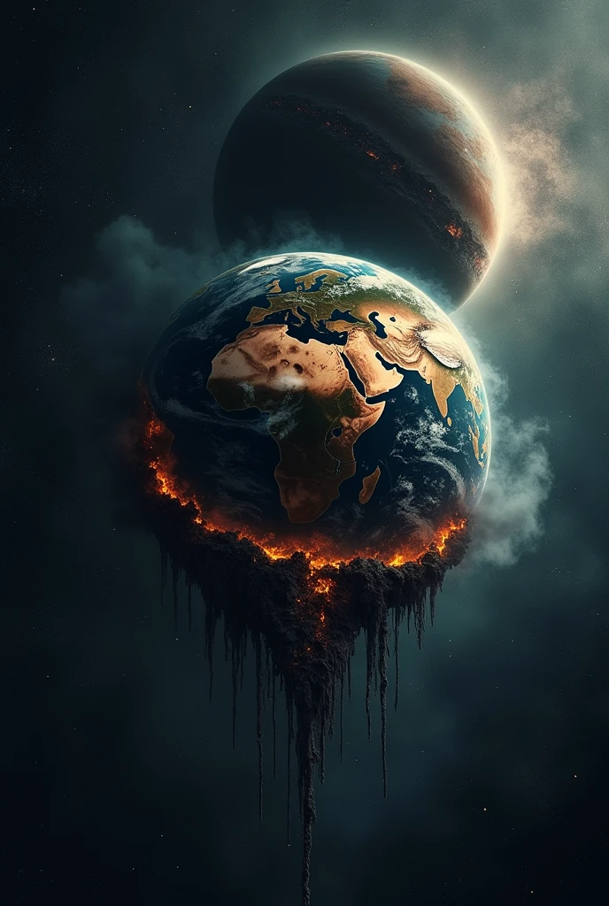 Make planet earth in the solar system with half of the planet destroyed apocalypse style while there is a black eye watching , This is full of dark darkness 