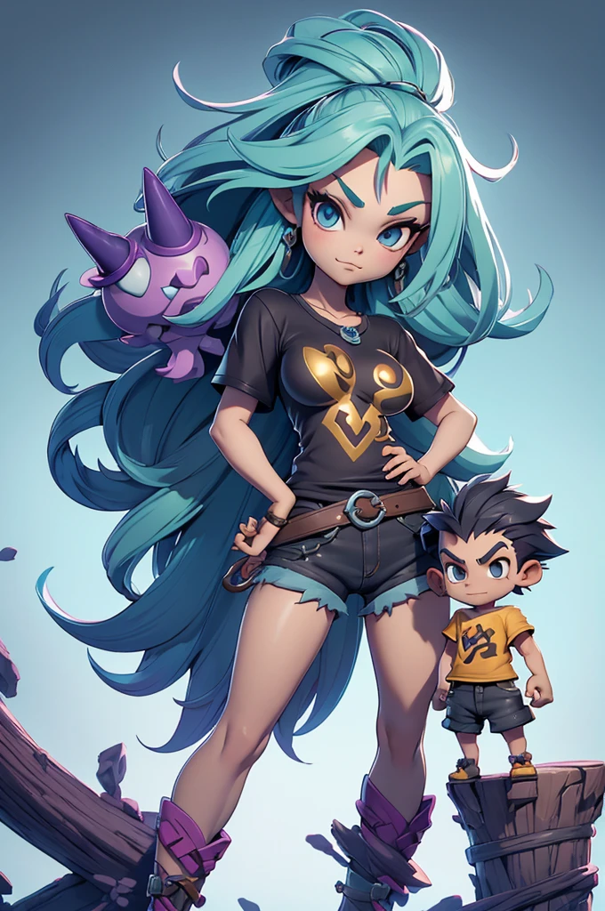 arvore estilo rayman legends, character estilo art rayman legends, girl and boy, corpo inteiro, ESTILO VIKING, acessórios gigantes,giant monster, big breats,Little bunny, (shorts),big breast, ((asymmetric t-shirt)), Monsters around, Monsters Hunter