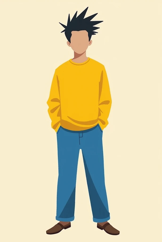 Create a guy with yellow shirt and blue pants without face and without background . And he has spike hair